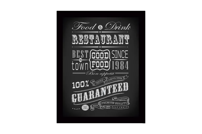 Indrammet lærred i træ - 41x56 cm - Typografisk plakat med restauranttema, Sort / Hvid