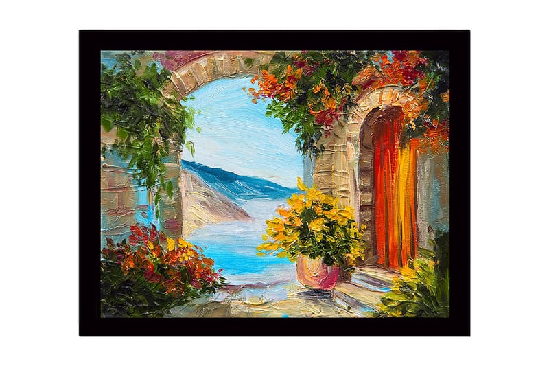 Indrammet lærred i træ - 41x56 cm - Udsigt gennem en stenbue med blomster og hav i baggrunden, Grøn / Blå / Orange