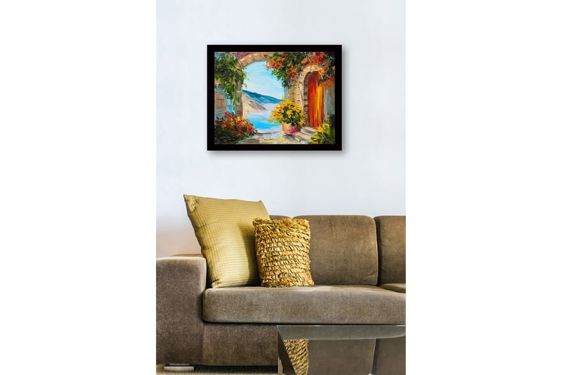 Indrammet lærred i træ - 41x56 cm - Udsigt gennem en stenbue med blomster og hav i baggrunden - Grøn / Blå / Orange - Boligtilbehør - Billeder & kunst