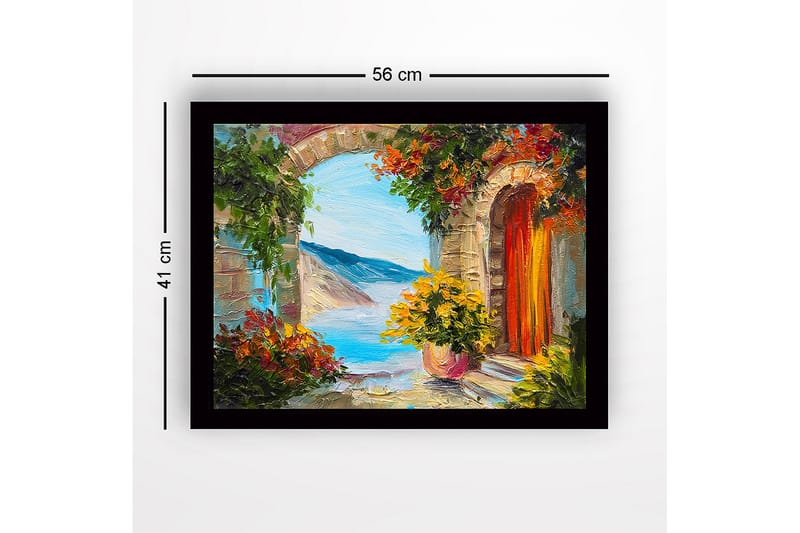 Indrammet lærred i træ - 41x56 cm - Udsigt gennem en stenbue med blomster og hav i baggrunden - Grøn / Blå / Orange - Boligtilbehør - Billeder & kunst