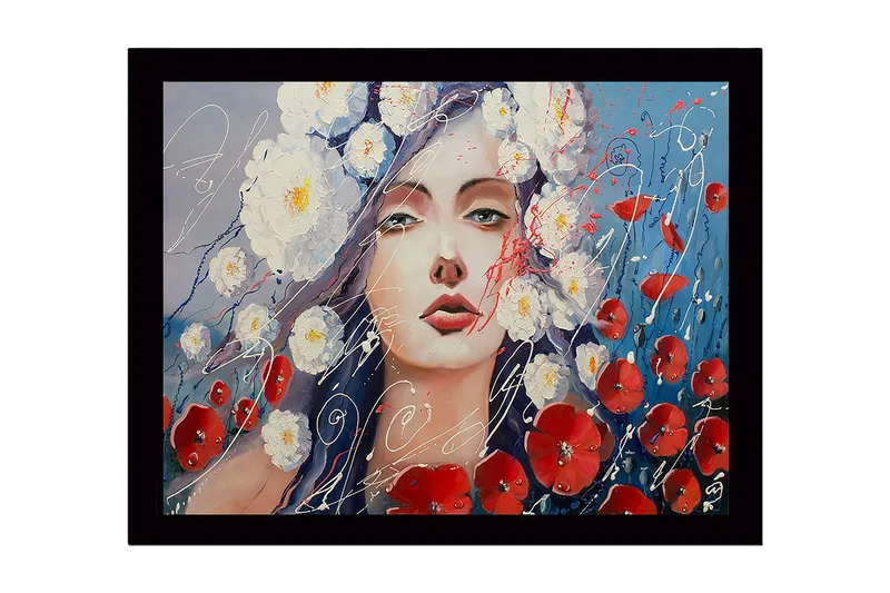 Indrammet lærred i træ - 41x56 cm - Udtryksfuldt portræt af kvinde omgivet af hvide og røde blomster, Rød / Blå / Hvid
