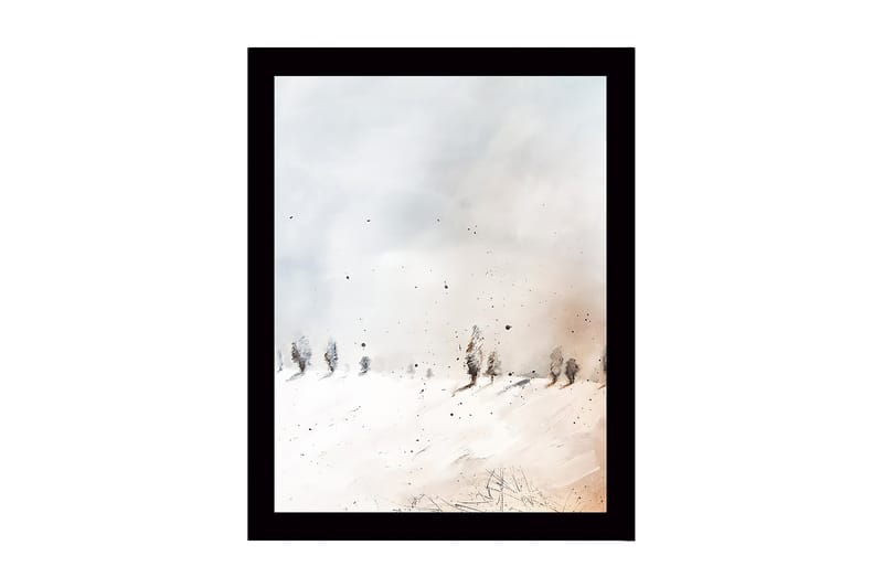 Indrammet lærred i træ - 41x56 cm - Vinterlandskab med snedækkede træer, Hvid / Lysegrå / Beige