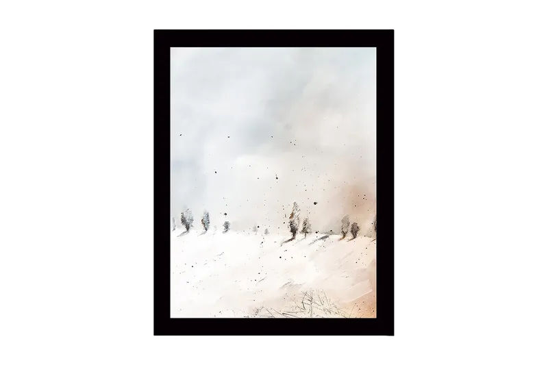 Indrammet lærred i træ - 41x56 cm - Vinterlandskab med snedækkede træer, Hvid / Lysegrå / Beige
