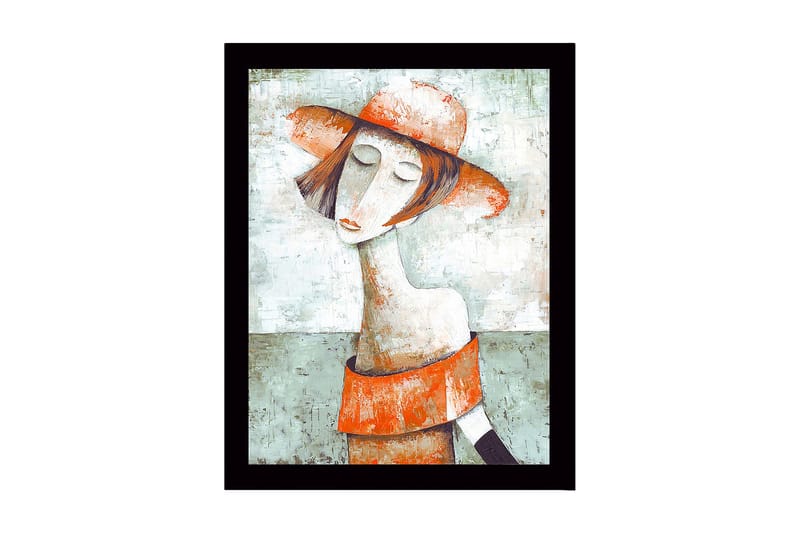 Indrammet lærred i træ - 41x56 cm - Portræt af en kvinde med hat og rød-orange kjole, Grøn / Rød-orange / Beige