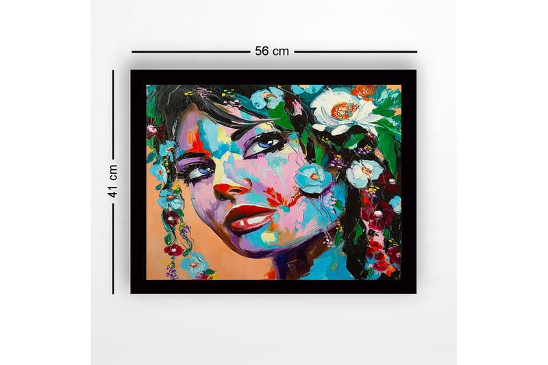 Indrammet lærred i træ - 41x56 cm - Portræt af en kvinde med blomsterdekorationer i håret - Blå / Grøn / Rød - Boligtilbehør - Billeder & kunst