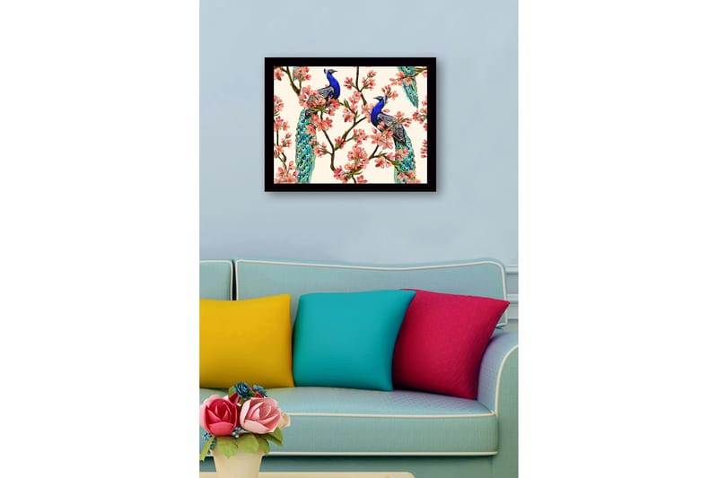 Indrammet lærred i træ - 41x56 cm - Påfugle sidder blandt blomstrende grene - Blå / Lyserød / Grøn - Boligtilbehør - Billeder & kunst