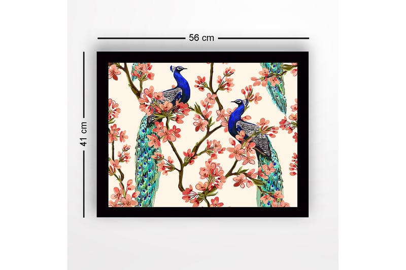 Indrammet lærred i træ - 41x56 cm - Påfugle sidder blandt blomstrende grene - Blå / Lyserød / Grøn - Boligtilbehør - Billeder & kunst