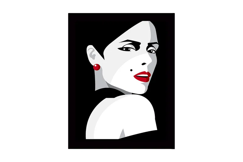 Indrammet lærred i træ - 41x56 cm - Portræt af en kvinde med et dramatisk look og rød læbestift, Rød / Sort / Grå