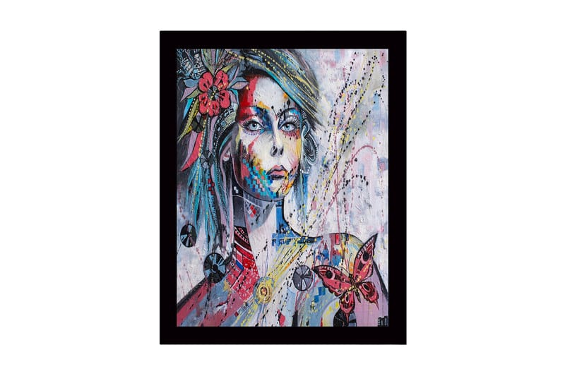 Indrammet lærred i træ - 41x56 cm - Portræt af en kvinde med farverige detaljer og en sommerfugl, Lyserød / Blå / Gul