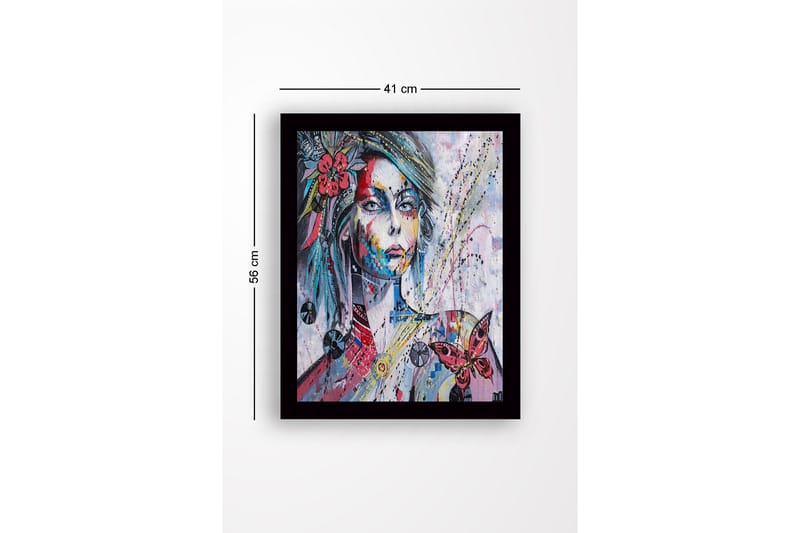 Indrammet lærred i træ - 41x56 cm - Portræt af en kvinde med farverige detaljer og en sommerfugl - Lyserød / Blå / Gul - Boligtilbehør - Billeder & kunst
