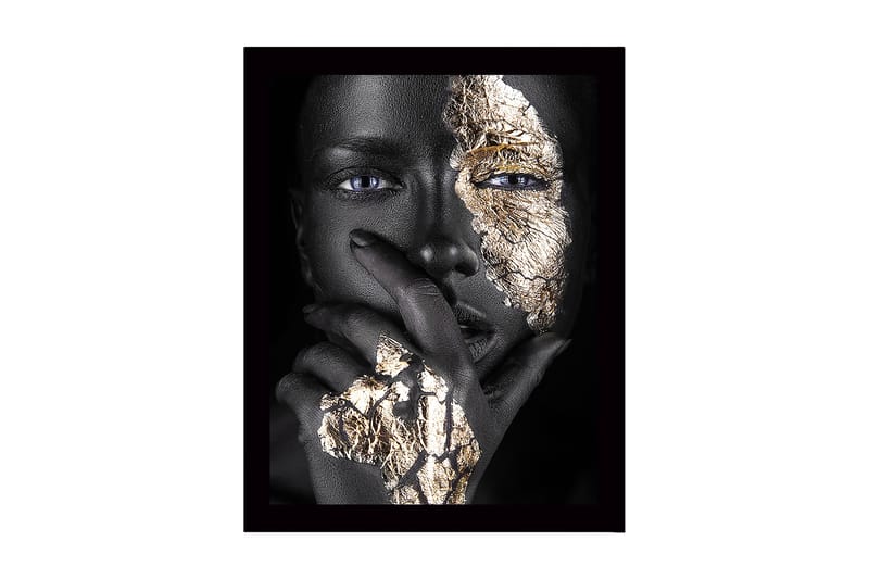 Indrammet lærred i træ - 41x56 cm - Portræt af en person med gyldne detaljer på ansigt og hånd, Sort / Guld