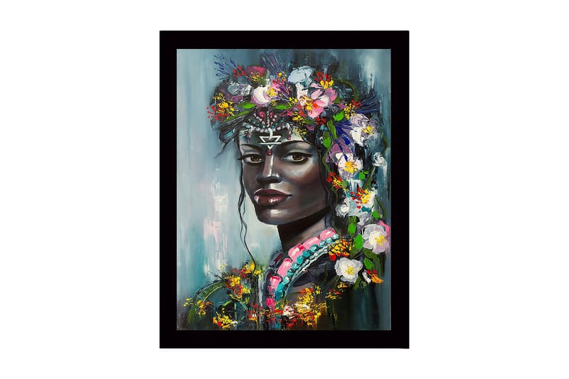 Indrammet lærred i træ - 41x56 cm - Portræt af en kvinde med blomster i håret - Sort / Grøn / Lyserød - Boligtilbehør - Billeder & kunst