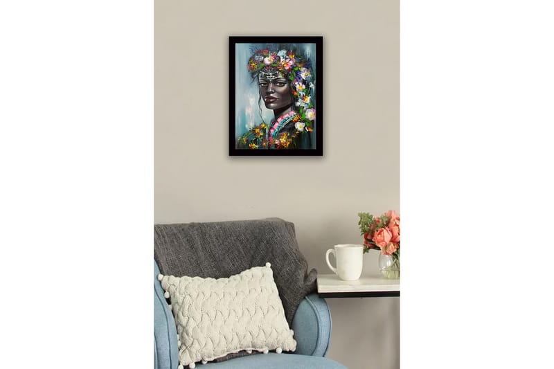 Indrammet lærred i træ - 41x56 cm - Portræt af en kvinde med blomster i håret - Sort / Grøn / Lyserød - Boligtilbehør - Billeder & kunst