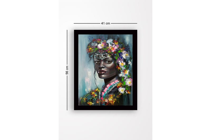 Indrammet lærred i træ - 41x56 cm - Portræt af en kvinde med blomster i håret - Sort / Grøn / Lyserød - Boligtilbehør - Billeder & kunst