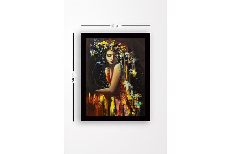 Indrammet lærred i træ - 41x56 cm - Portræt af en kvinde med blomster i håret - Gul / Rød / Grøn - Boligtilbehør - Billeder & kunst