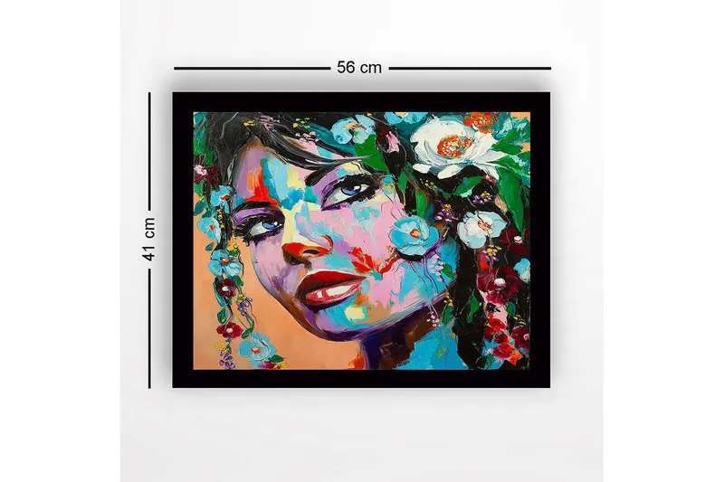 Indrammet lærred i træ - 41x56 cm - Portræt af en kvinde med blomsterdekorationer i håret - Blå / Grøn / Rød - Boligtilbehør - Billeder & kunst
