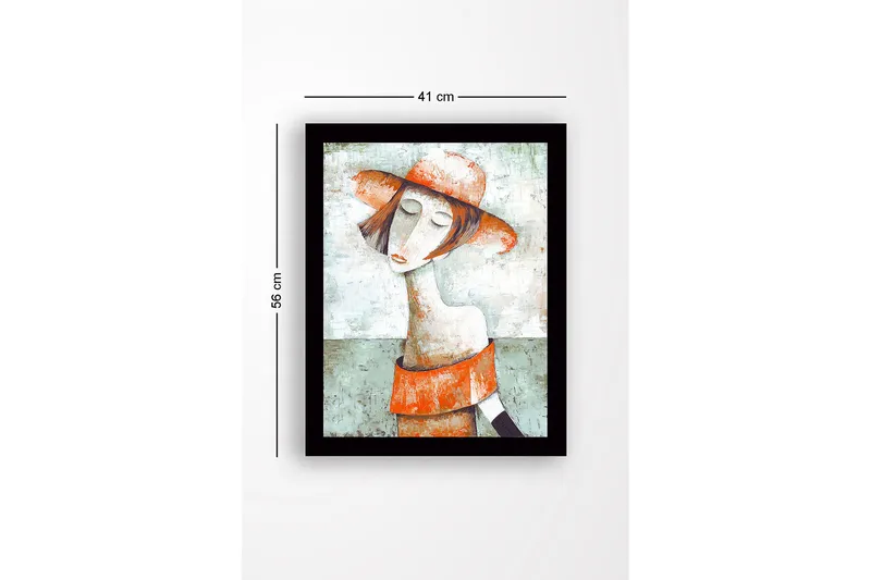 Indrammet lærred i træ - 41x56 cm - Portræt af en kvinde med hat og rød-orange kjole - Grøn / Rød-orange / Beige - Boligtilbehør - Billeder & kunst