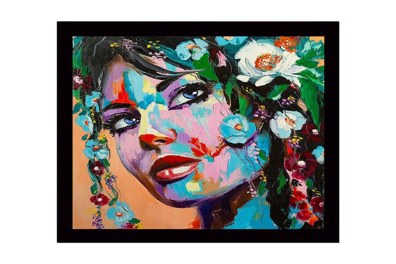 Indrammet lærred i træ - 41x56 cm - Portræt af en kvinde med blomsterdekorationer i håret, Blå / Grøn / Rød
