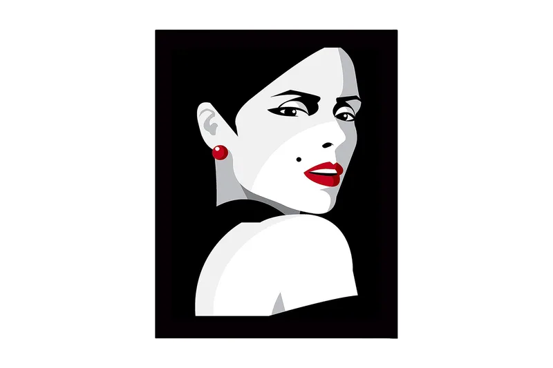 Indrammet lærred i træ - 41x56 cm - Portræt af en kvinde med et dramatisk look og rød læbestift, Rød / Sort / Grå