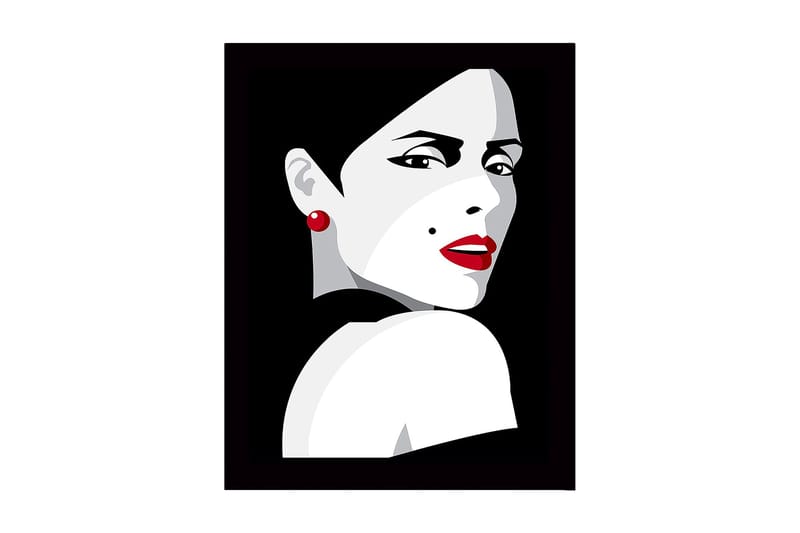 Indrammet lærred i træ - 41x56 cm - Portræt af en kvinde med et dramatisk look og rød læbestift, Rød / Sort / Grå