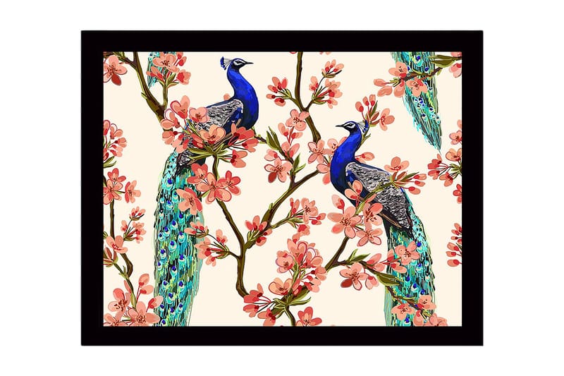 Indrammet lærred i træ - 41x56 cm - Påfugle sidder blandt blomstrende grene, Blå / Lyserød / Grøn