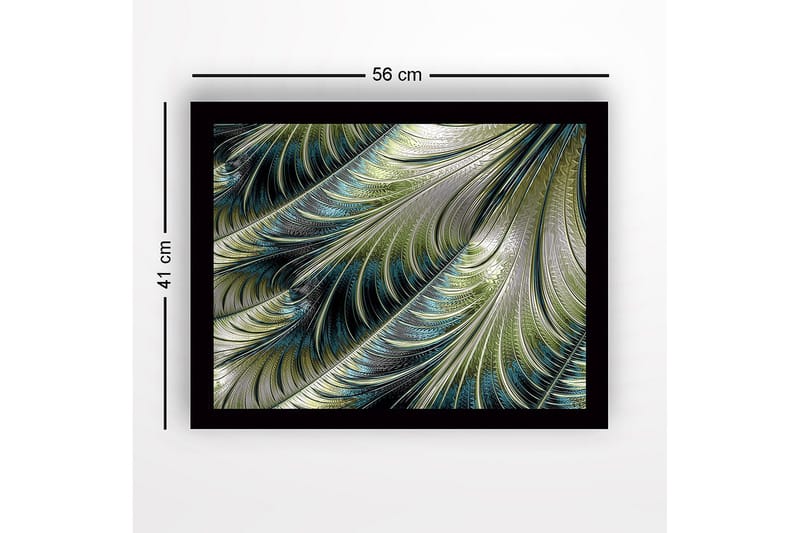 Indrammet lærredstryk i træ - 41x56 cm - Abstrakt mønster af svævende fjer i forskellige nuancer - Grøn / Blå / Sølv - Boligtilbehør - Billeder & kunst