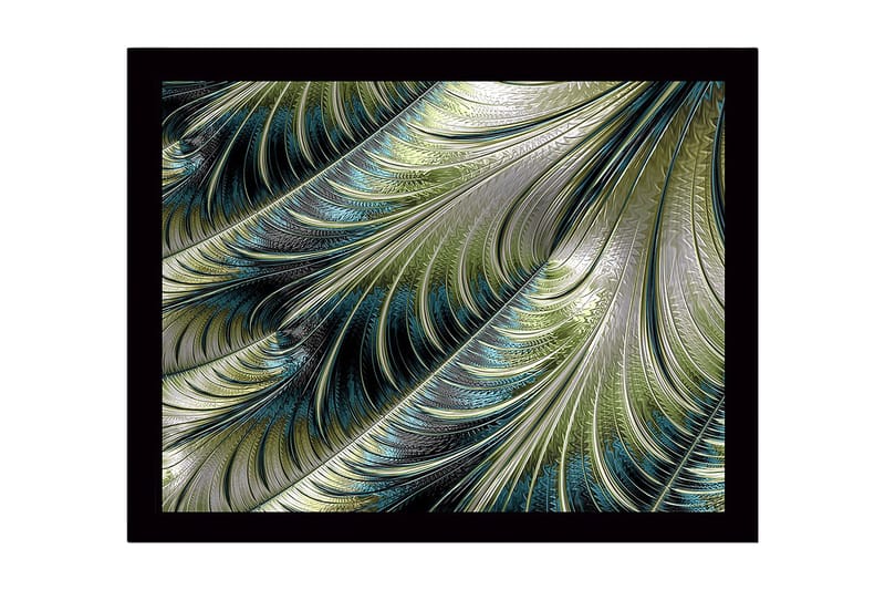 Indrammet lærredstryk i træ - 41x56 cm - Abstrakt mønster af svævende fjer i forskellige nuancer, Grøn / Blå / Sølv