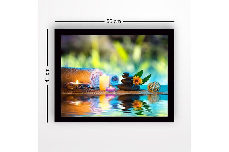 Indrammet lærredstryk i træ - 41x56 cm - Afslappende stilhed med sten, stearinlys og en blomst - Grøn / Blå / Beige - Boligtilbehør - Billeder & kunst