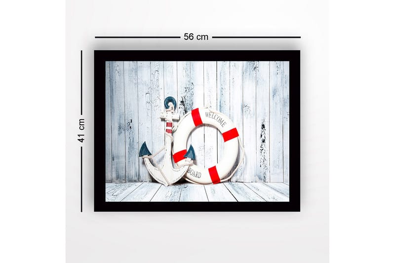 Indrammet lærredstryk i træ - 41x56 cm - Anker og redningskrans med velkomstbesked - Hvid / Rød / Blå - Boligtilbehør - Billeder & kunst
