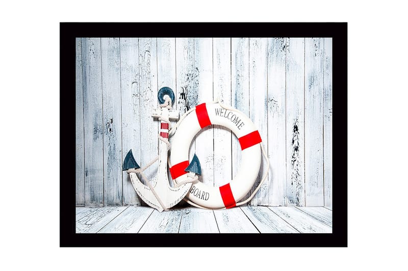Indrammet lærredstryk i træ - 41x56 cm - Anker og redningskrans med velkomstbesked, Hvid / Rød / Blå