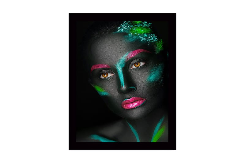 Indrammet lærredstryk i træ - 41x56 cm - Ansigt med farverig ansigtsmaling i kontrasterende nuancer, Sort / Grøn / Lyserød