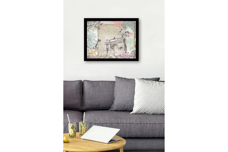 Indrammet lærredstryk i træ - 41x56 cm - Arkitektonisk motiv af en triumfbue med blomsterdetaljer og teksten I love Milan - Pastelgrøn / Pink / Beige - Boligtilbehør - Billeder & kunst