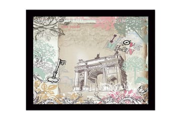 Indrammet lærredstryk i træ - 41x56 cm - Arkitektonisk motiv af en triumfbue med blomsterdetaljer og teksten I love Milan - Pastelgrøn / Pink / Beige - Boligtilbehør - Billeder & kunst