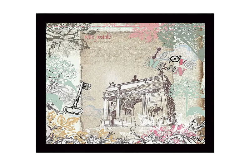 Indrammet lærredstryk i træ - 41x56 cm - Arkitektonisk motiv af en triumfbue med blomsterdetaljer og teksten I love Milan, Pastelgrøn / Pink / Beige