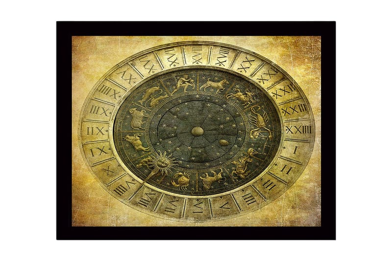 Indrammet lærredstryk i træ - 41x56 cm - Astrologisk kort med stjernetegn og stjerner, Guld / Sort / Grå