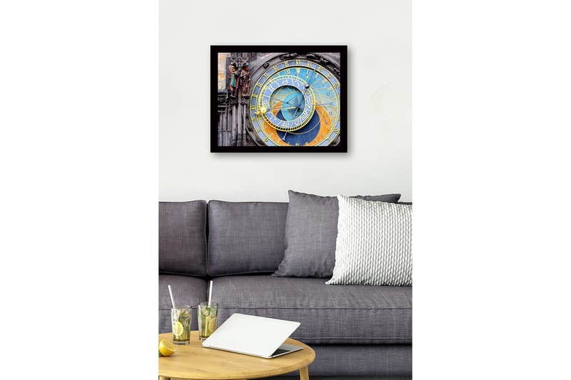 Indrammet lærredstryk i træ - 41x56 cm - Astronomisk ur med detaljerede cirkler og symboler - Guld / Blå / Orange - Boligtilbehør - Billeder & kunst