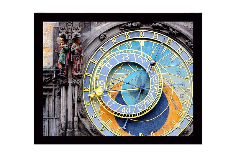 Indrammet lærredstryk i træ - 41x56 cm - Astronomisk ur med detaljerede cirkler og symboler, Guld / Blå / Orange