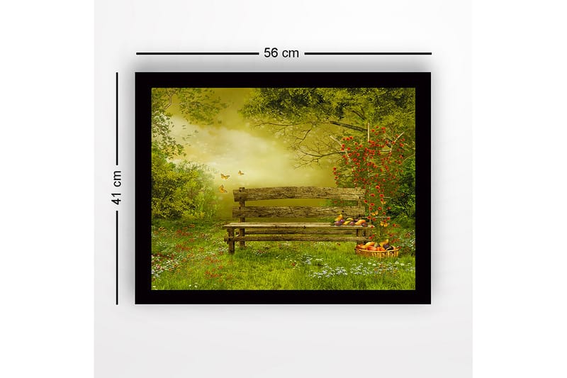 Indrammet lærredstryk i træ - 41x56 cm - Bænk i en frodig have omgivet af blomster og sommerfugle - Grøn / Brun / Gul - Boligtilbehør - Billeder & kunst