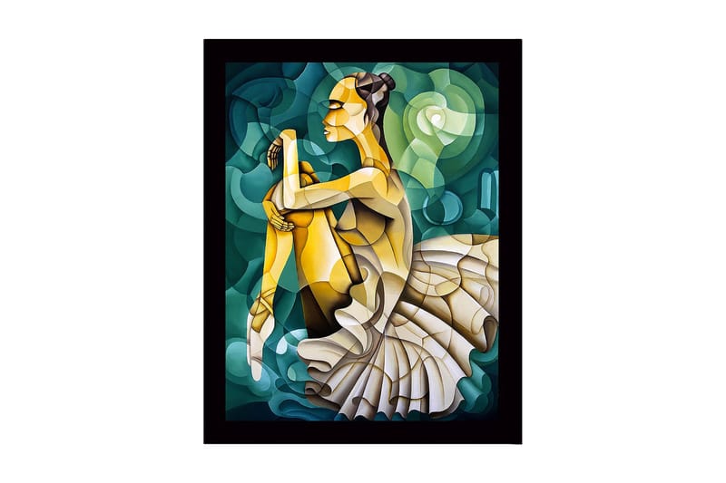 Indrammet lærredstryk i træ - 41x56 cm - Balletdanser i en elegant positur, Grøn / Beige / Gul
