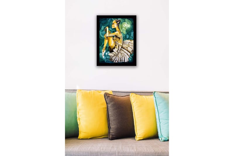 Indrammet lærredstryk i træ - 41x56 cm - Balletdanser i en elegant positur - Grøn / Beige / Gul - Boligtilbehør - Billeder & kunst