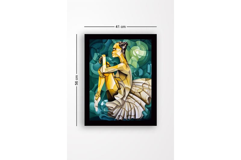 Indrammet lærredstryk i træ - 41x56 cm - Balletdanser i en elegant positur - Grøn / Beige / Gul - Boligtilbehør - Billeder & kunst