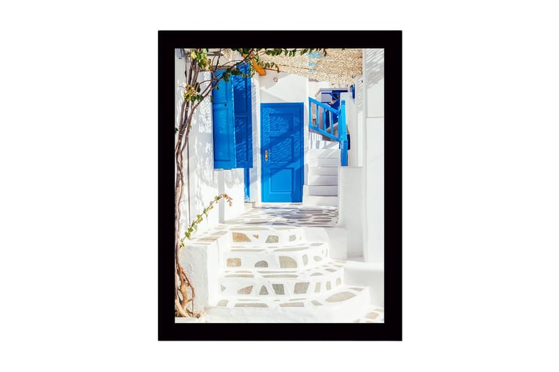 Indrammet lærredstryk i træ - 41x56 cm - Blå døre og trapper i en hvidkalket gyde, Blå / Hvid