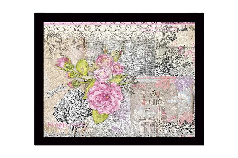 Indrammet lærredstryk i træ - 41x56 cm - Blomsterkomposition med lyserøde roser og vintage-detaljer, Lyserød / Grå / Beige