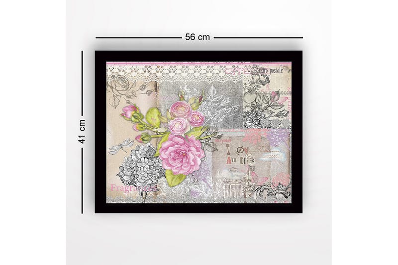 Indrammet lærredstryk i træ - 41x56 cm - Blomsterkomposition med lyserøde roser og vintage-detaljer - Lyserød / Grå / Beige - Boligtilbehør - Billeder & kunst