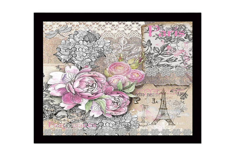 Indrammet lærredstryk i træ - 41x56 cm - Blomsterkomposition med roser og vintage-elementer, Lyserød / Grå / Beige