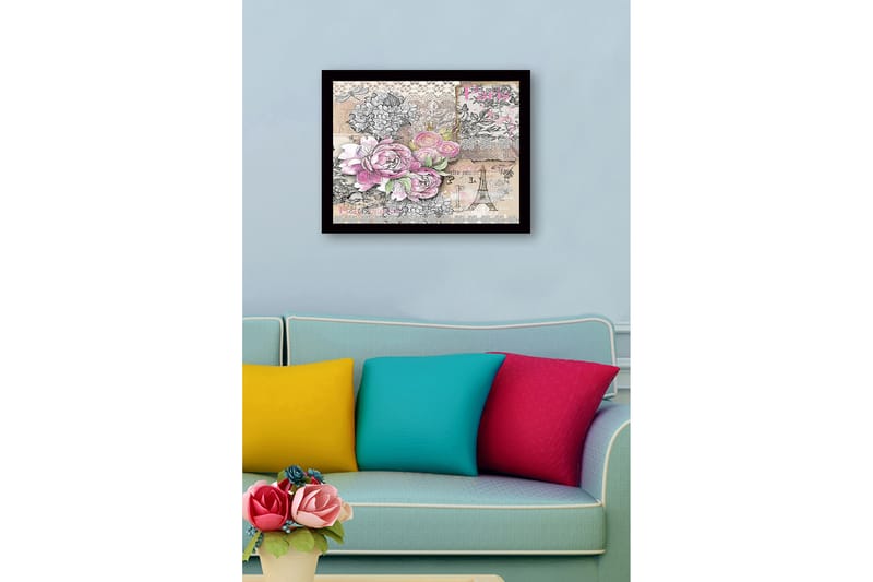 Indrammet lærredstryk i træ - 41x56 cm - Blomsterkomposition med roser og vintage-elementer - Lyserød / Grå / Beige - Boligtilbehør - Billeder & kunst