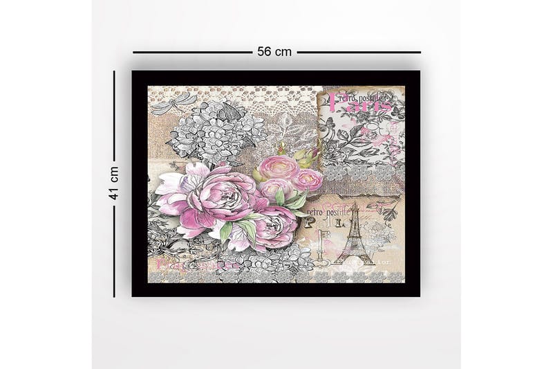 Indrammet lærredstryk i træ - 41x56 cm - Blomsterkomposition med roser og vintage-elementer - Lyserød / Grå / Beige - Boligtilbehør - Billeder & kunst