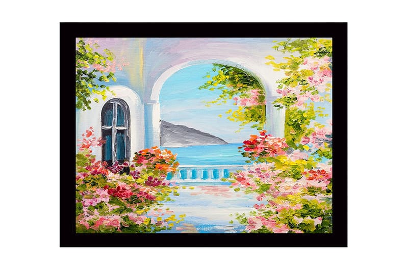 Indrammet lærredstryk i træ - 41x56 cm - Blomstrende balkon med havudsigt, Lyserød / Grøn / Blå