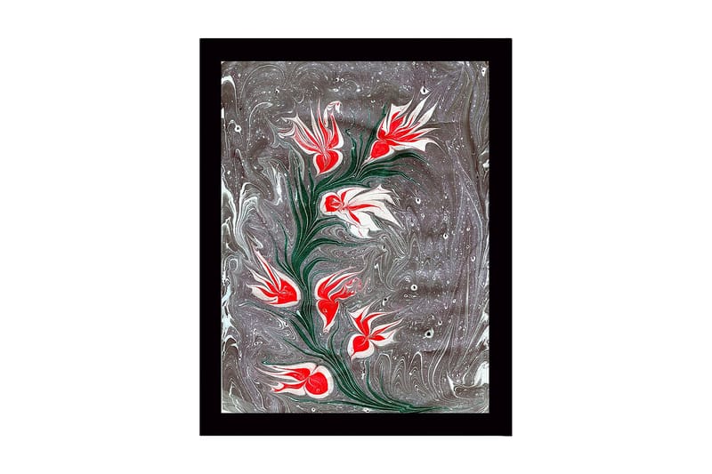 Indrammet lærredstryk i træ - 41x56 cm - Blomstrende gren med røde og hvide blomster, Rød / Hvid / Grå