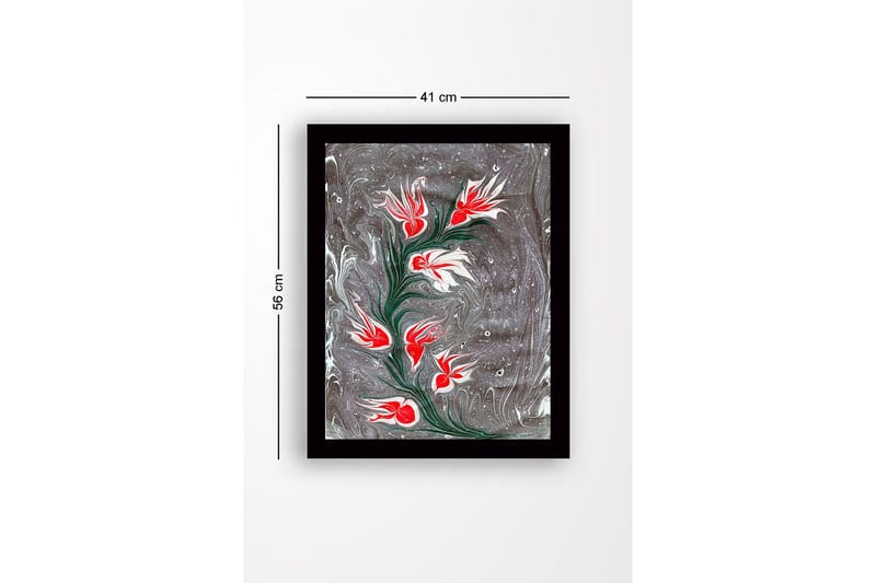 Indrammet lærredstryk i træ - 41x56 cm - Blomstrende gren med røde og hvide blomster - Rød / Hvid / Grå - Boligtilbehør - Billeder & kunst